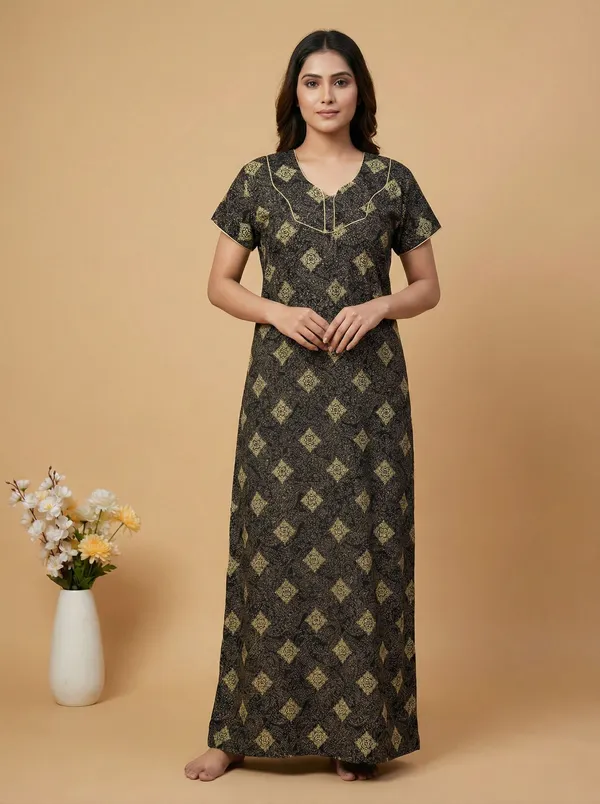 Black_Cotton_Floral_Printed_Nighty_For_Women