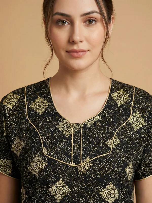 Black_Cotton_Floral_Printed_Nighty_For_Women
