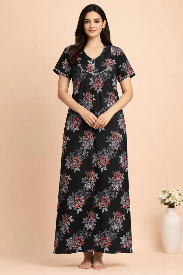 Black_Cotton_Floral_Printed_Nighty_For_Women