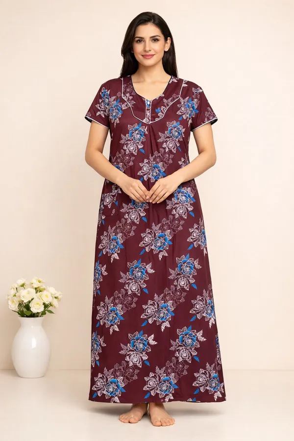 Maroon_Cotton_Floral_Printed_Nighty_For_Women