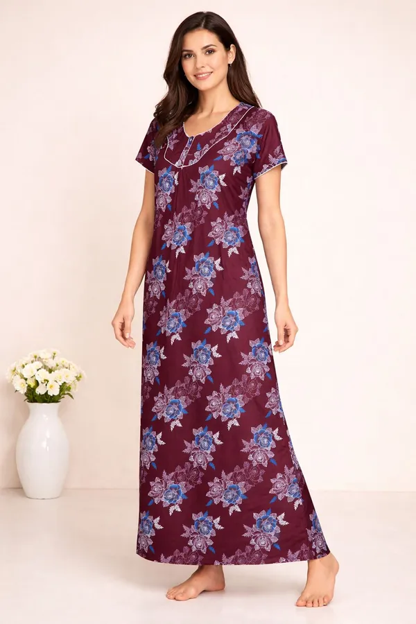 Maroon_Cotton_Floral_Printed_Nighty_For_Women