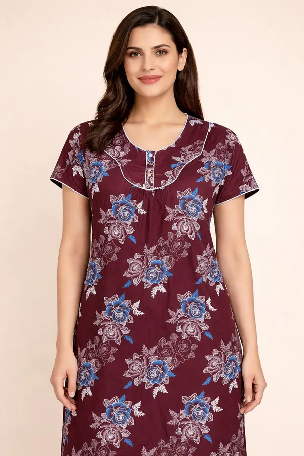 Maroon_Cotton_Floral_Printed_Nighty_For_Women