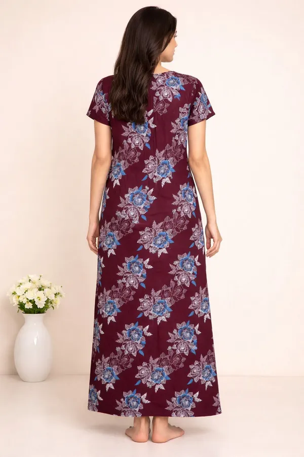 Maroon_Cotton_Floral_Printed_Nighty_For_Women
