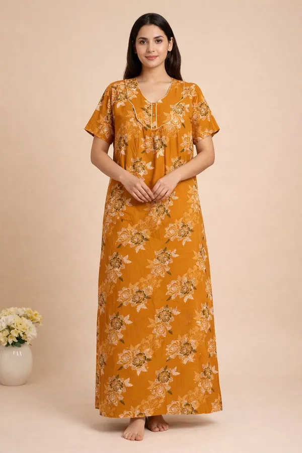 Yellow_Cotton_Floral_Printed_Nighty_For_Women