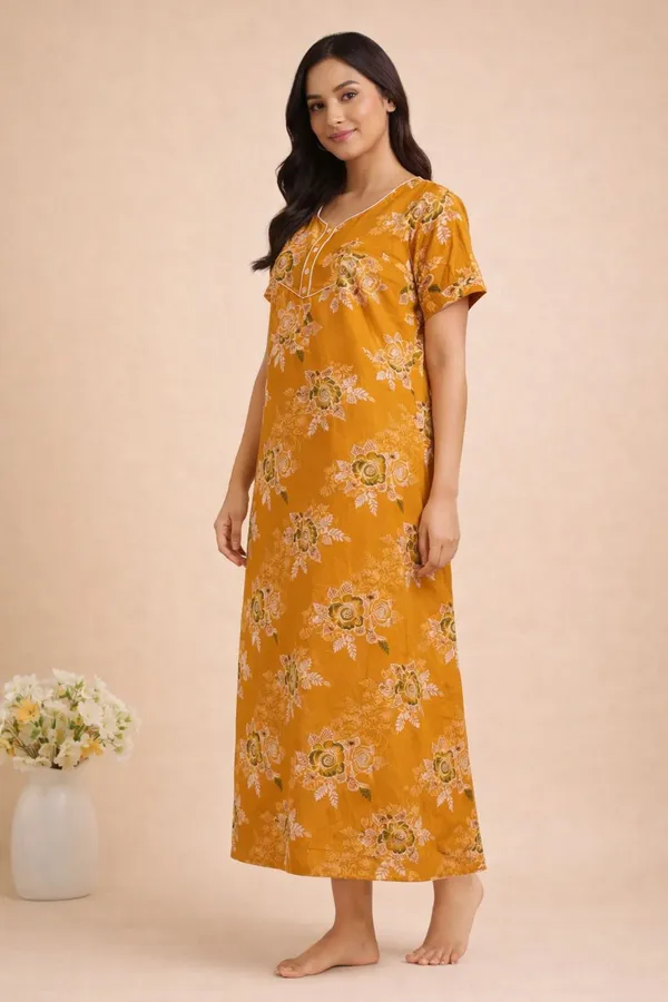 Yellow_Cotton_Floral_Printed_Nighty_For_Women