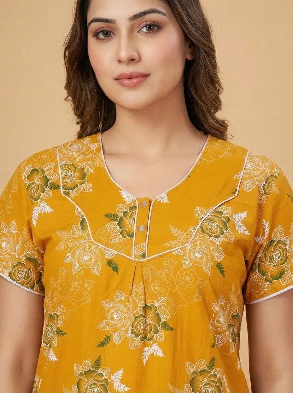 Yellow_Cotton_Floral_Printed_Nighty_For_Women