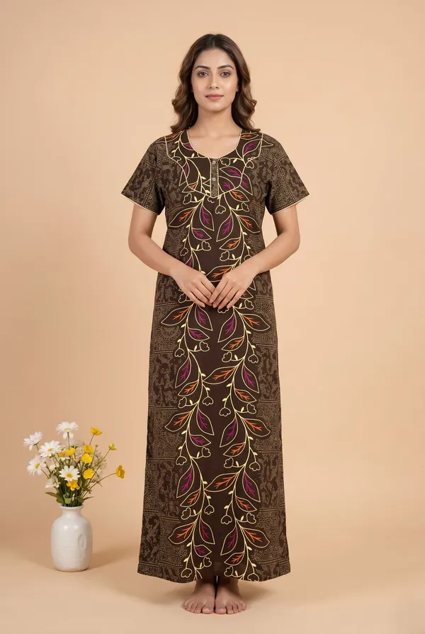Brown_Cotton_Floral_Printed_Nighty_For_Women