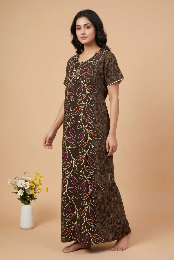 Brown_Cotton_Floral_Printed_Nighty_For_Women