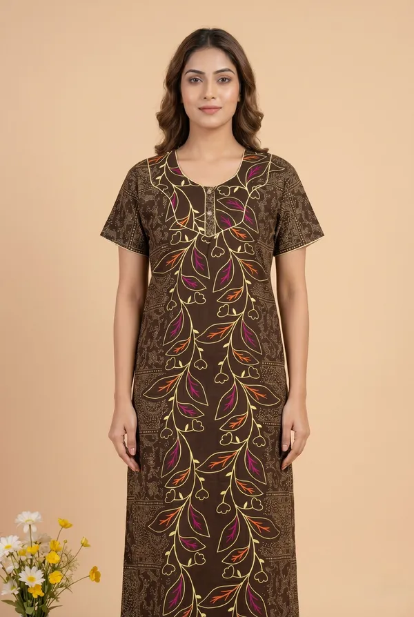 Brown_Cotton_Floral_Printed_Nighty_For_Women