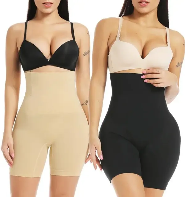 Beige_Black_Polyester_High-Waist_Seamless_Shapewear_For_Women