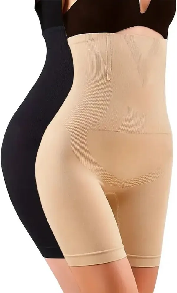 Beige_Black_Polyester_High-Waist_Seamless_Shapewear_For_Women