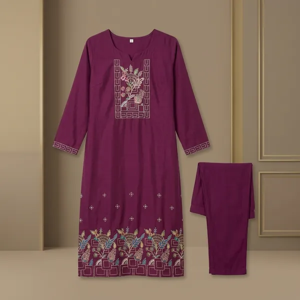 Maroon_Silk_Embroidered_Kurta_Pant_Set_For_Women