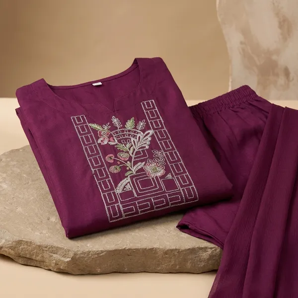 Maroon_Silk_Embroidered_Kurta_Pant_Set_For_Women