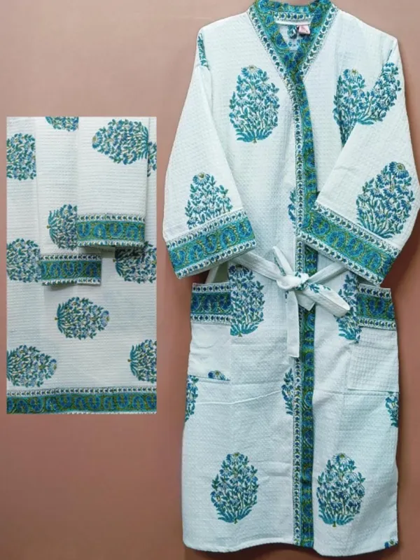 White_Cotton_Hand_Block_Print_Floral_Bathrobe