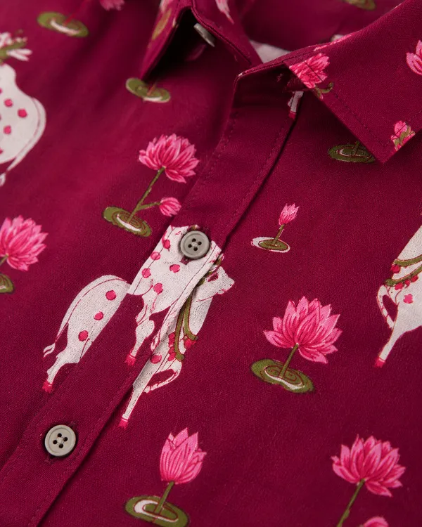 Maroon_Cotton_Cow_and_Lotus_Print_Short_Sleeve_Shirt_for_Men