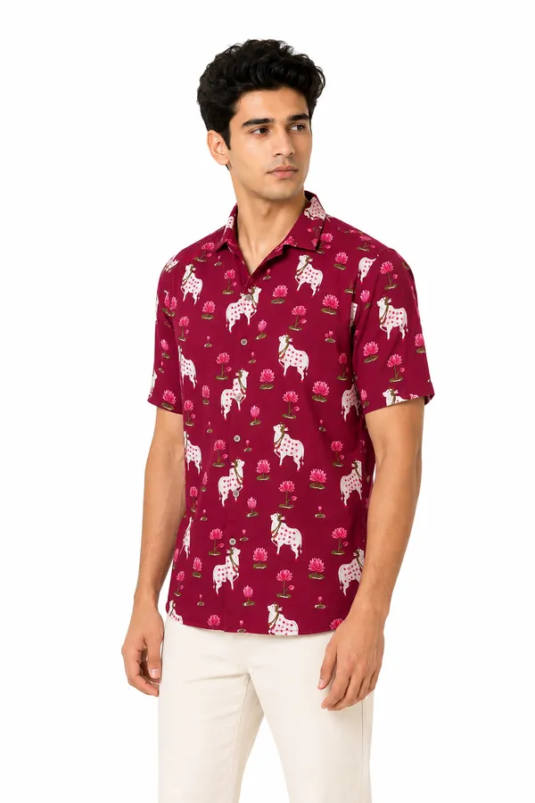 Maroon_Cotton_Cow_and_Lotus_Print_Short_Sleeve_Shirt_for_Men