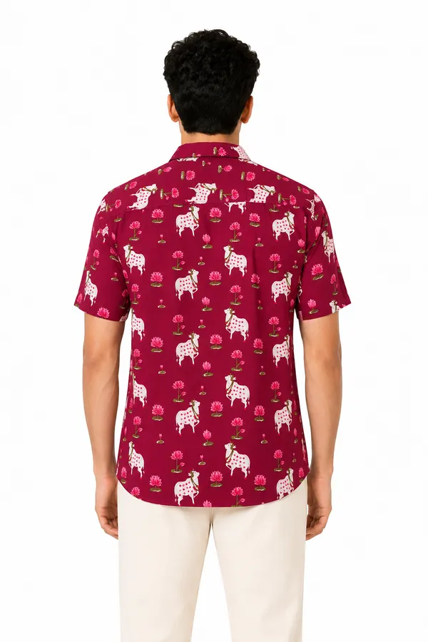 Maroon_Cotton_Cow_and_Lotus_Print_Short_Sleeve_Shirt_for_Men