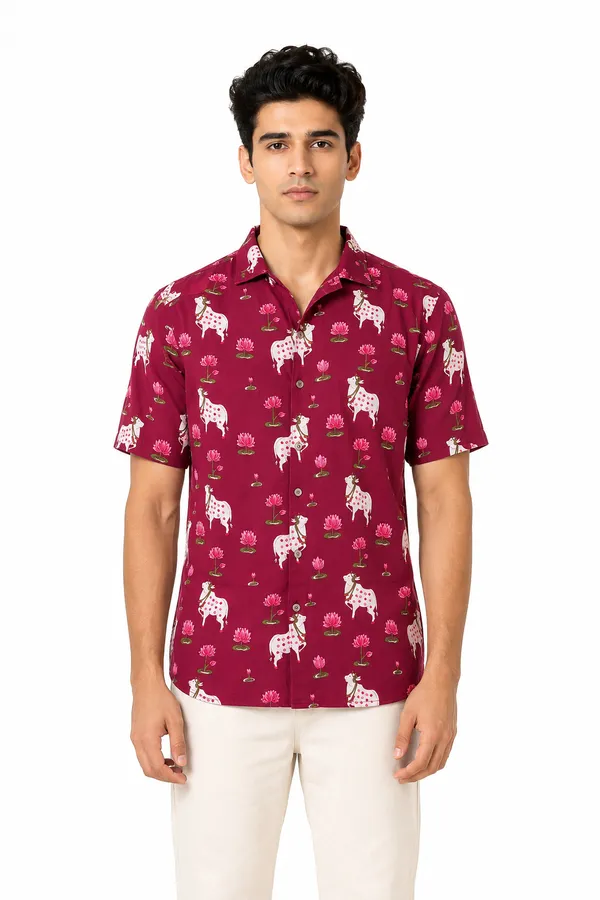 Maroon_Cotton_Cow_and_Lotus_Print_Short_Sleeve_Shirt_for_Men
