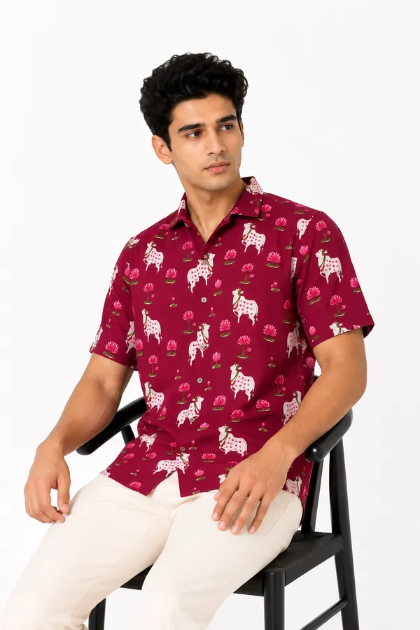 Maroon_Cotton_Cow_and_Lotus_Print_Short_Sleeve_Shirt_for_Men