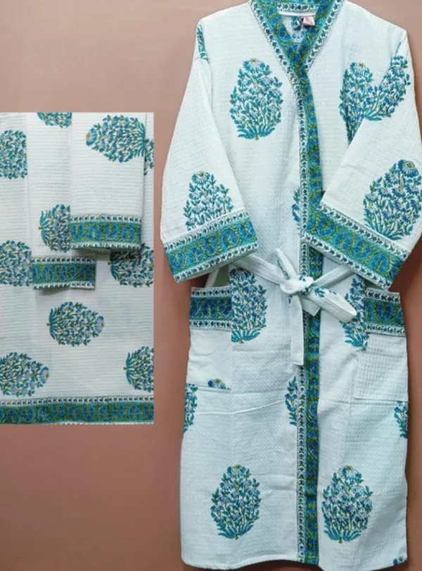 White_Cotton_Hand_Block_Print_Floral_Bathrobe