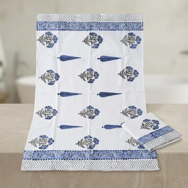 White_Cotton_Blue_Floral_Block_pirnt_3_piece_set_towel_set