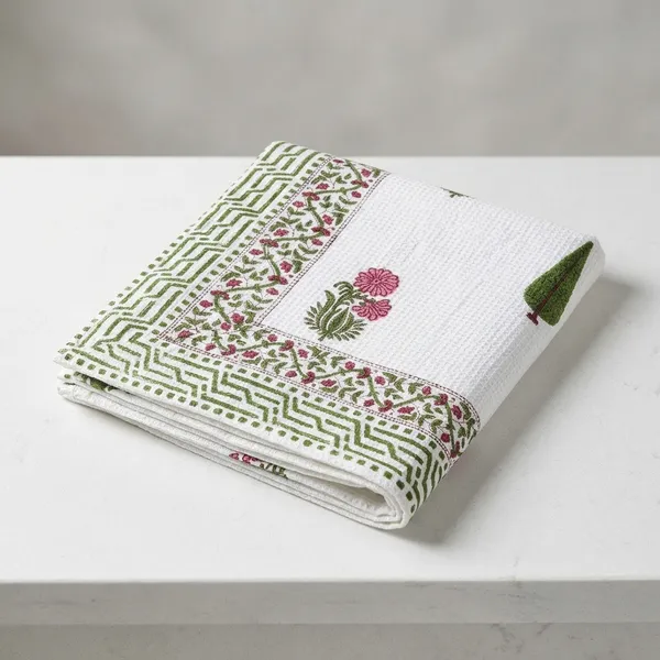 White_Cotton_Floral_Print_with_Green_Border__3_piece_set_towel_set