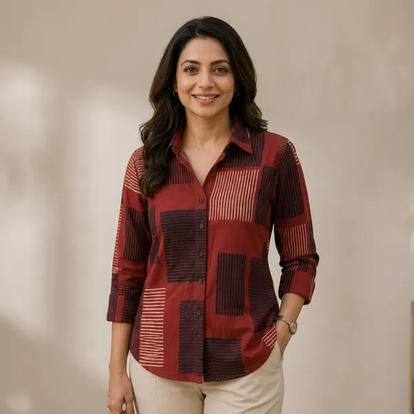 Maroon_Block_Print_Collared_Shirt_for_Women