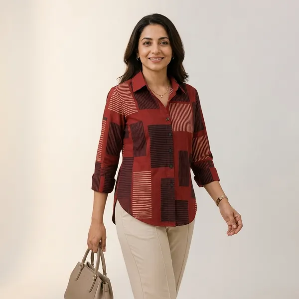 Maroon_Block_Print_Collared_Shirt_for_Women