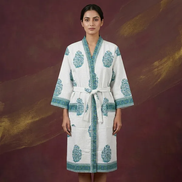 White_Cotton_Hand_Block_Print_Floral_Bathrobe
