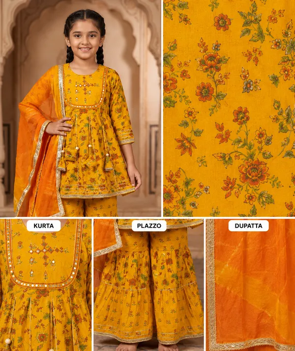 Mustard_Floral_Print_Pure_Cotton_Kurta_Palazzo_Set_with_Dupatta_for_Girls
