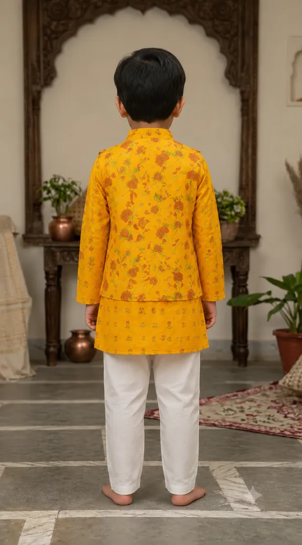 Mustard_Floral_Print_Pure_Cotton_Kurta_Set_with_Nehru_Jacket_for_Boys