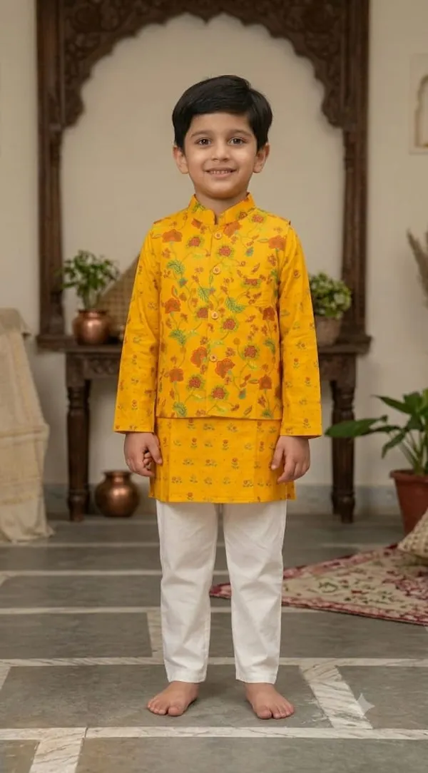 Mustard_Floral_Print_Pure_Cotton_Kurta_Set_with_Nehru_Jacket_for_Boys