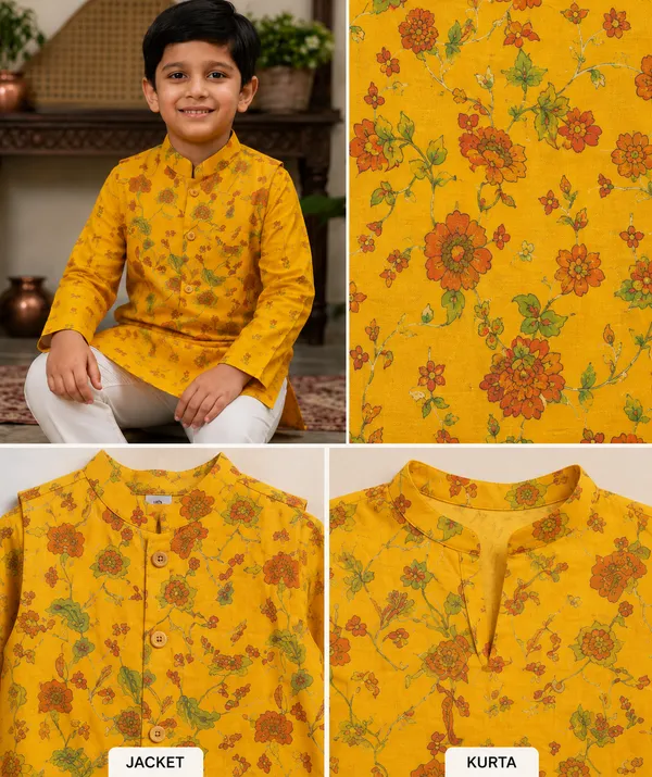Mustard_Floral_Print_Pure_Cotton_Kurta_Set_with_Nehru_Jacket_for_Boys