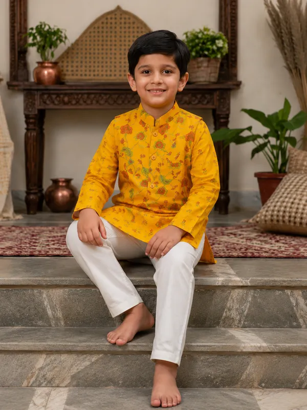 Mustard_Floral_Print_Pure_Cotton_Kurta_Set_with_Nehru_Jacket_for_Boys