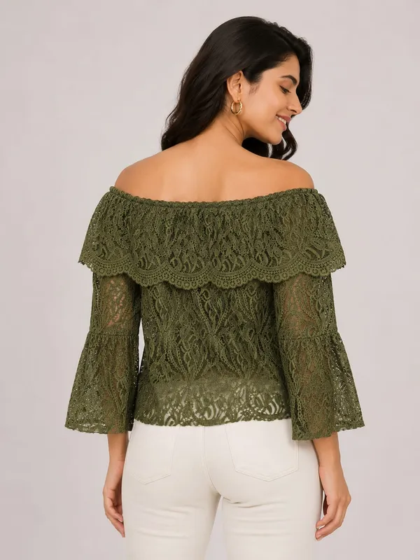 Olive_Green_Net_Lace_Off-Shoulder_Bell_Sleeve_Top_For_Women