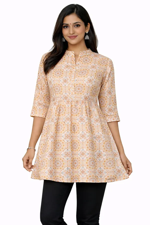 Cream_Cotton_Relaxed_Gathered_Short_Kurta_For_Women