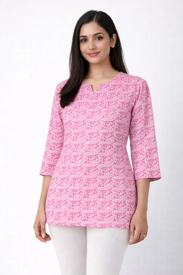 Pink_Cotton_Floral_Printed_Short_Kurta_For_Women