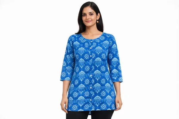 Royal_Blue_Cotton_Floral_Print_Straight_Tunic_Top_For_Women