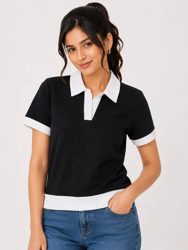 Black_Cotton_Blend_Contrast_Collar_Polo_T-Shirt_For_Women
