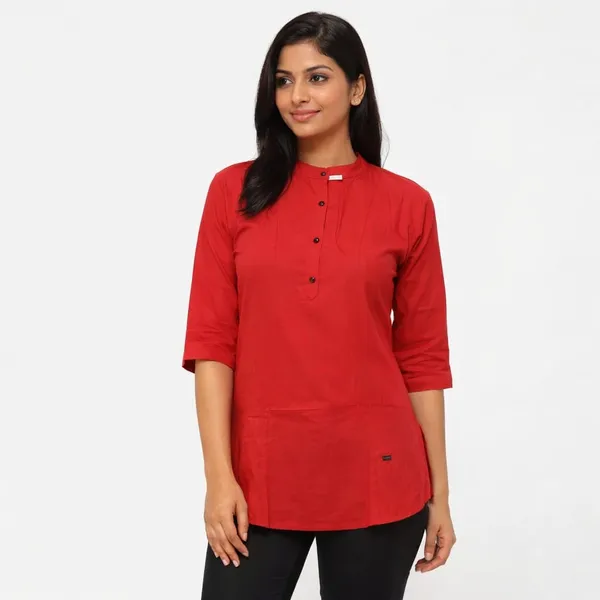 Red_Cotton_Mandarin_Collar_Short_Kurta_For_Women