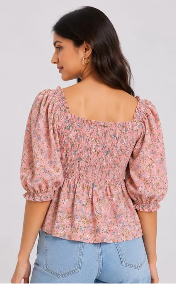 Pink_Crepe_Floral_Smocked_Puff_Sleeve_Top_For_Women