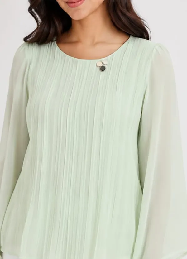 Green_Crepe_Pintuck_Pleated_Long_Sleeve_Top_For_Women