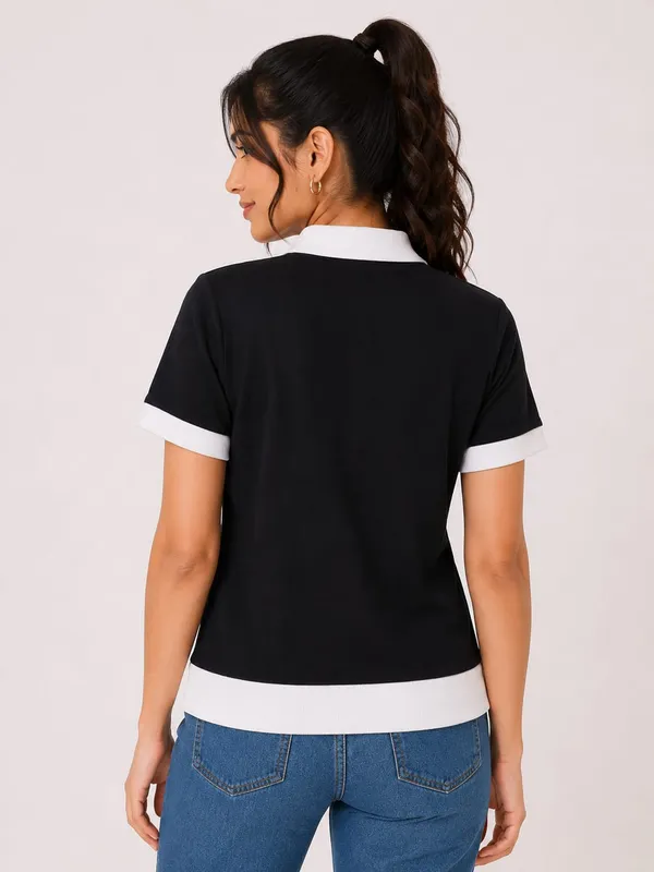 Black_Cotton_Blend_Contrast_Collar_Polo_T-Shirt_For_Women