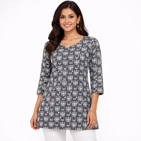 Grey_Cotton_Floral_Print_Short_Kurti_For_Women