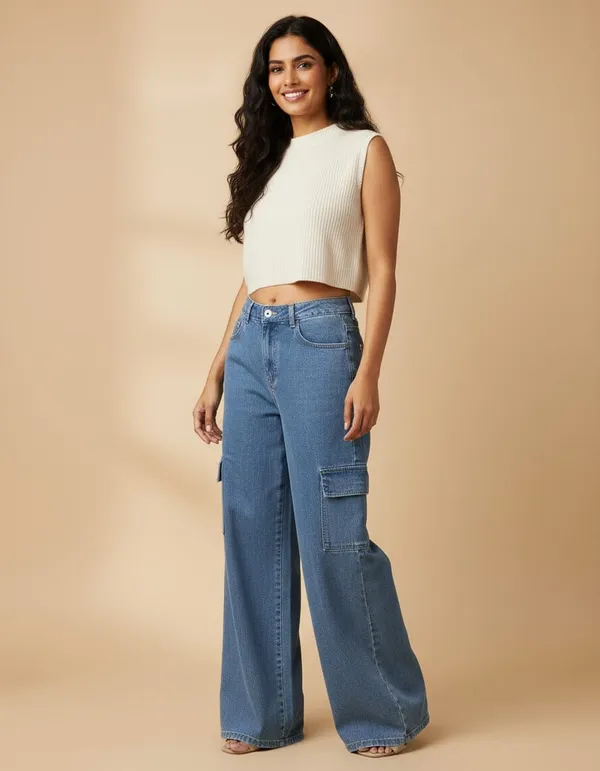 Blue_Denim_High_Rise_Wide_Leg_Cargo_Jeans_For_Women