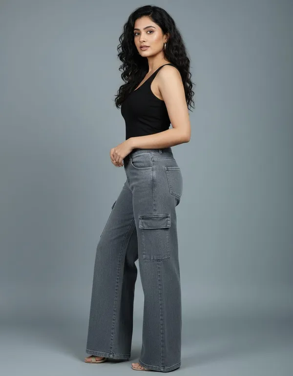 Grey_Denim_High_Rise_Wide_Leg_Cargo_Jeans_For_Women
