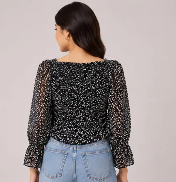 Black_Chiffon_Floral_Print_Square_Neck_Top_For_Women