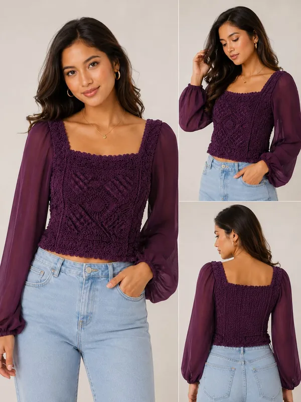 Purple_Chiffon_Lace_Bodice_Balloon_Sleeve_Crop_Top_For_Women