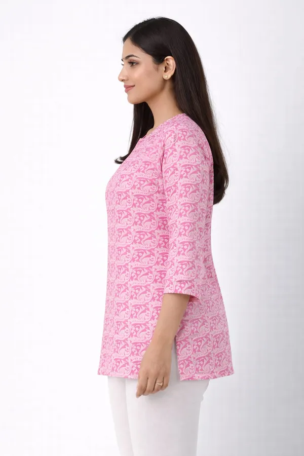 Pink_Cotton_Floral_Printed_Short_Kurta_For_Women