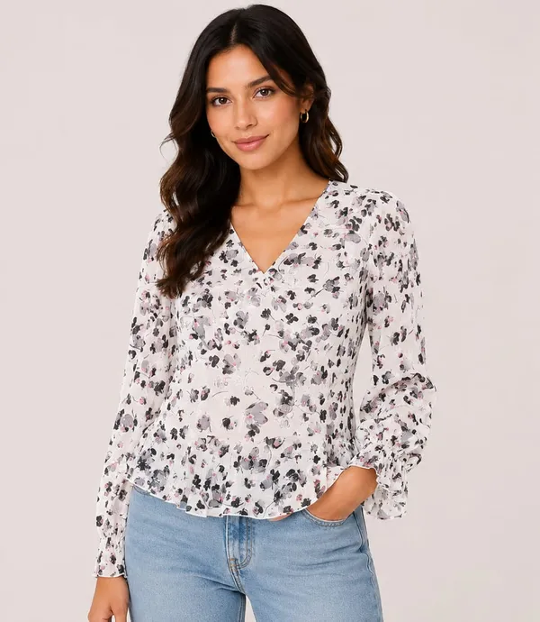 White_Chiffon_Floral_Print_V-Neck_Ruffle_Sleeve_Blouse_For_Women